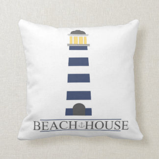 Beach House Pillow. Navy Blue Lighthouse Cushion