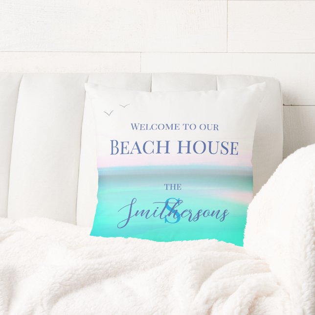 Beach house pillow ocean blue sea Throw Pillow (Creator Uploaded)