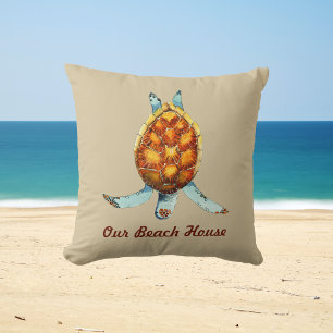Beach House Pillow with Diving Sea Turtle on Tan