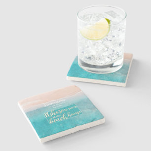 Beach House Pun Elegant Script Custom Family Name  Stone Coaster
