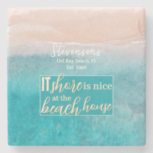 Beach House Pun Elegant Script Custom Family Name  Stone Coaster