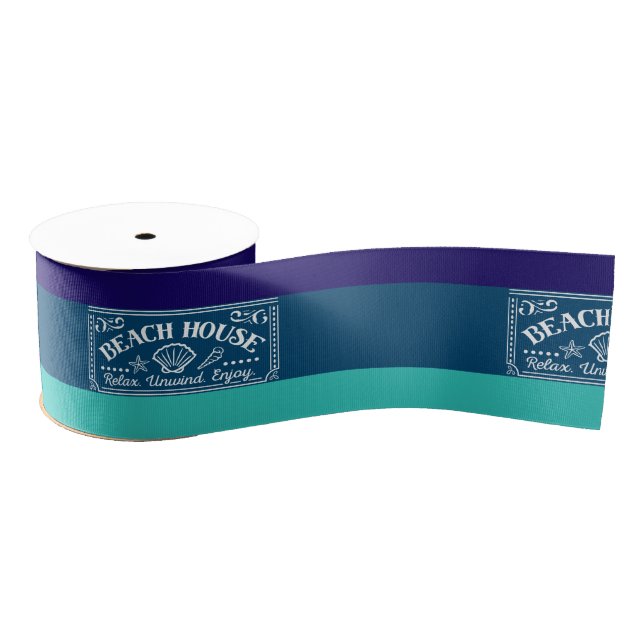 Beach house Relax Unwind Enjoy Teal navy striped Grosgrain Ribbon (Spool)