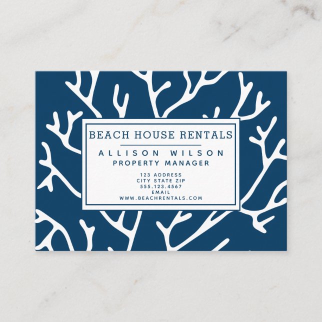 Beach House Rentals - Coral Pattern Teal Blue Business Card (Front)