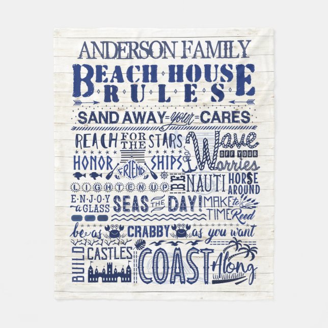 Beach House Rules Coastal Blue Personalised Family Fleece Blanket (Front)