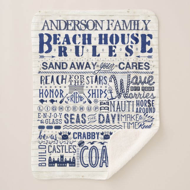 Beach House Rules Coastal Blue Personalised Family Sherpa Blanket (Front)