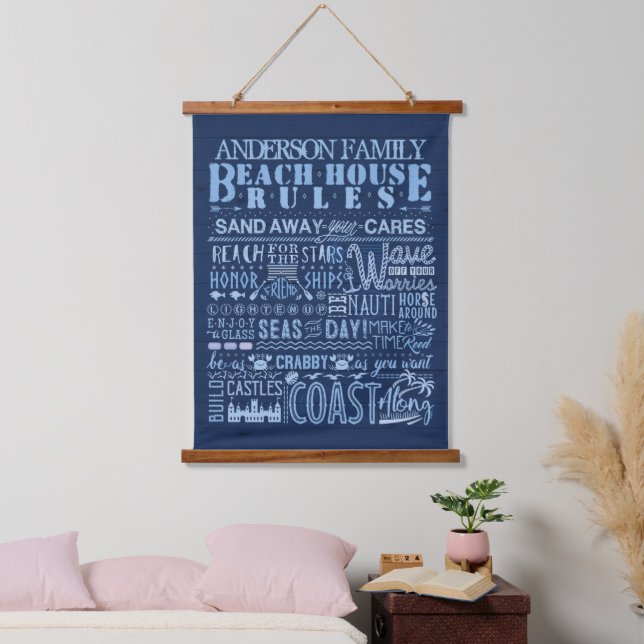 Beach House Rules Navy Blue Coastal Custom Family Hanging Tapestry (Bedroom)