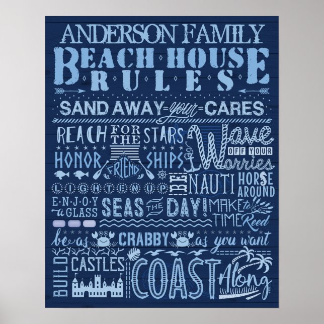 Beach House Rules Navy Blue Coastal Custom Family Poster (Front)