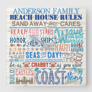 Beach House Rules Personalised Family Name Coastal Square Wall Clock