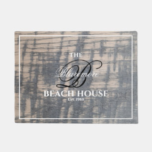 Beach House Rustic Wood Effect White Name Script Doormat