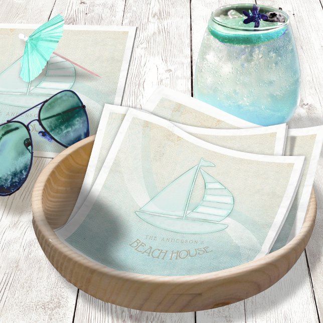 Beach House Sail Boat Aqua Blue ID623 Napkin (Creator Uploaded)