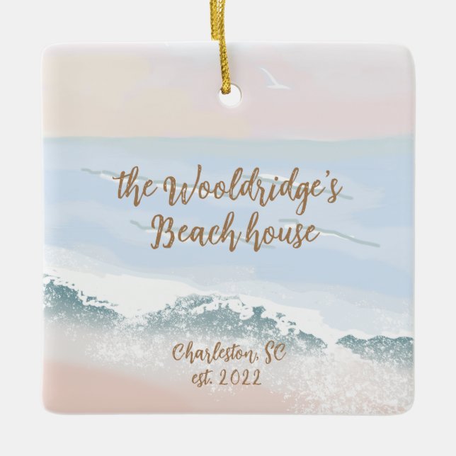 Beach House, Sand, Calm Blue Sea, Sunrise ID0022 Ceramic Ornament (Front)