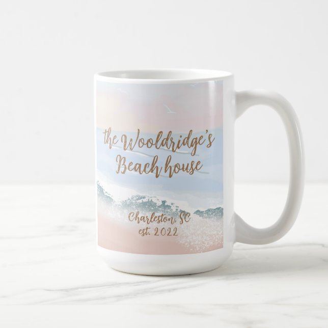 Beach House, Sand, Calm Blue Sea, Sunrise ID0022 Coffee Mug (Right)
