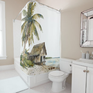 Beach House Scene Watercolor Design Shower Curtain
