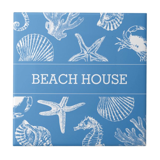 Beach House Sea Animals Drawings Ceramic Tile (Front)