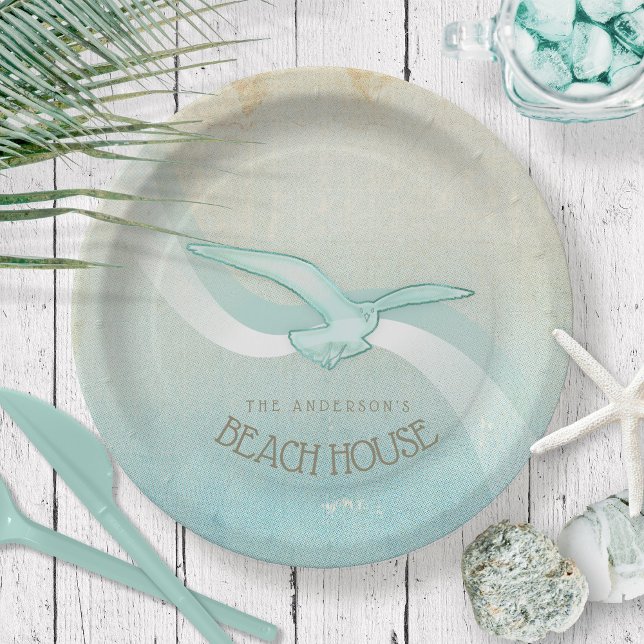 Beach House Seagull Aqua Blue ID623 Paper Plate (Creator Uploaded)