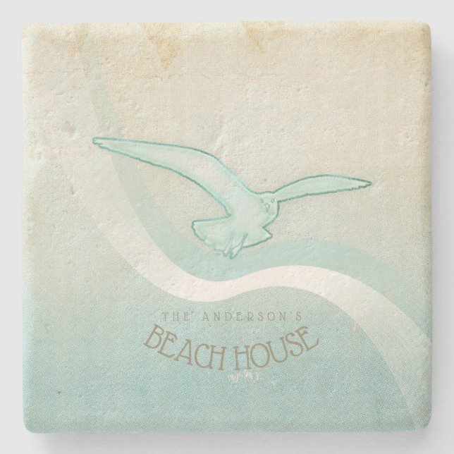 Beach House Seagull Aqua Blue ID623 Stone Coaster (Front)
