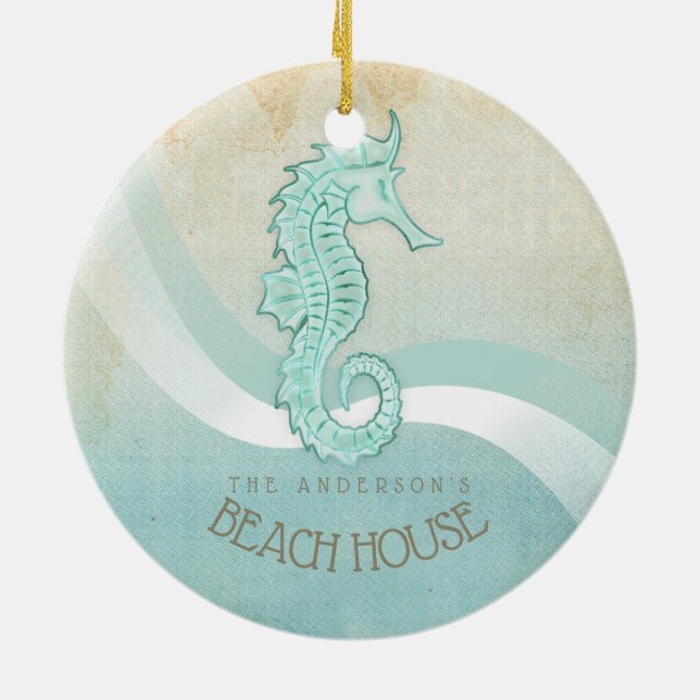 Beach House Seahorse Aqua Blue ID623 Ceramic Tree Decoration (Back)