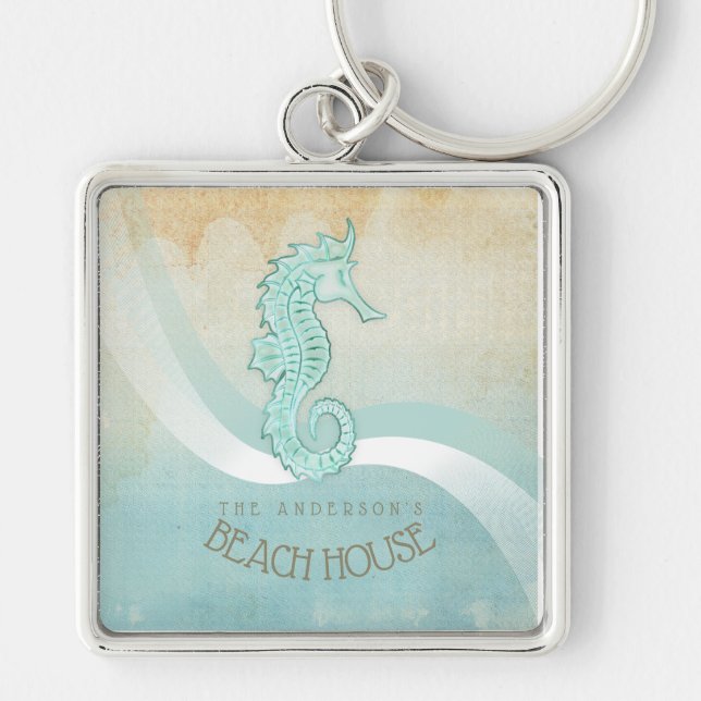Beach House Seahorse Aqua Blue ID623 Key Ring (Front)