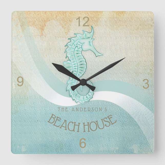 Beach House Seahorse Aqua Blue ID623 Square Wall Clock (Front)