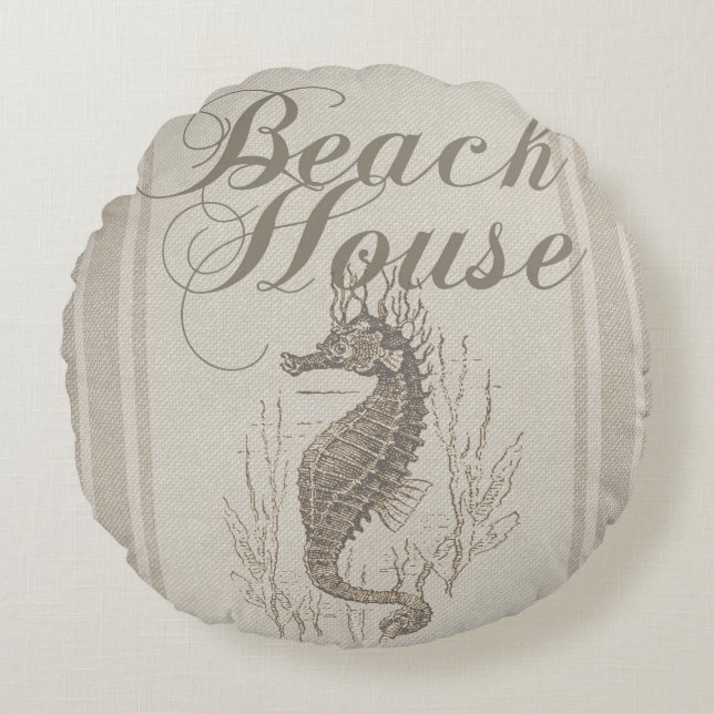 Beach House Seahorse Seashore Round Cushion (Front)