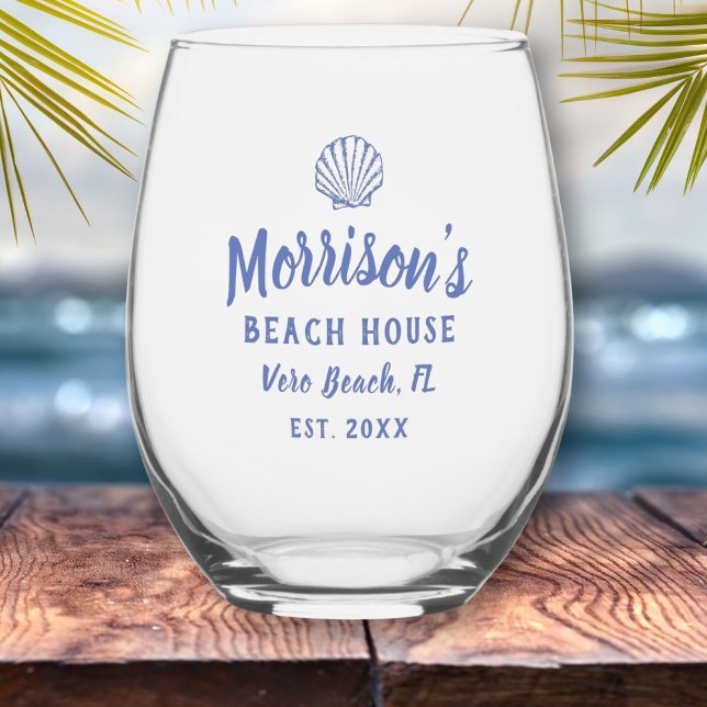 Beach House Seashell Clam Shell Personalised Name Stemless Wine Glass (Creator Uploaded)
