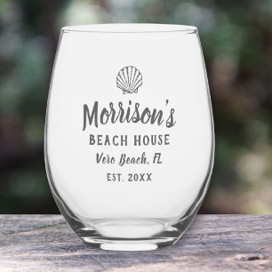 Beach House Seashell Clam Shell Personalised Name Stemless Wine Glass
