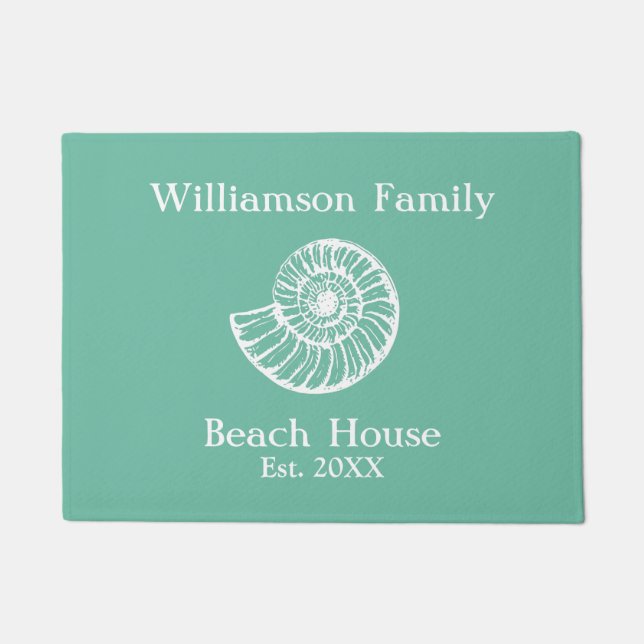 Beach House Shell Turquoise Monogrammed Doormat (Front)