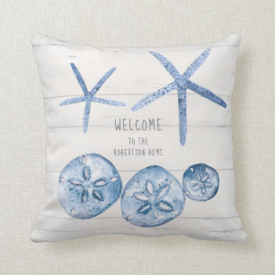 Beach House Starfish Sand Dollar Shells Blue White Cushion