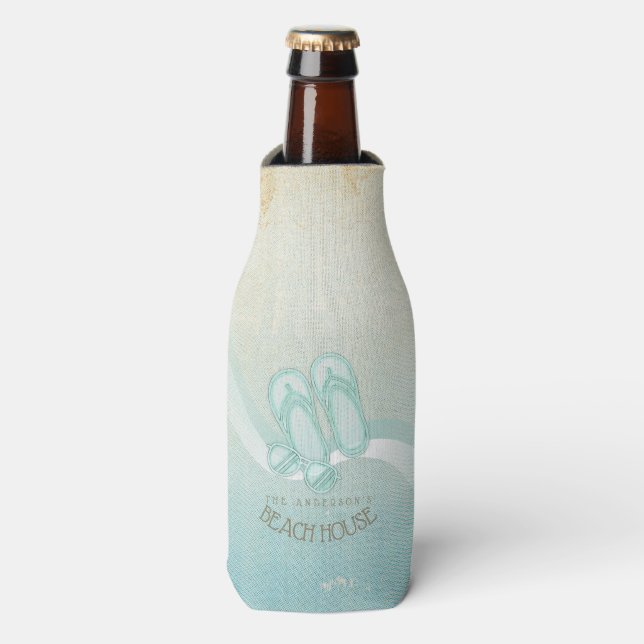 Beach House Sunglasses and Flip Flops Aqua ID623 Bottle Cooler (Bottle Front)