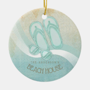 Beach House Sunglasses and Flip Flops Aqua ID623 Ceramic Tree Decoration