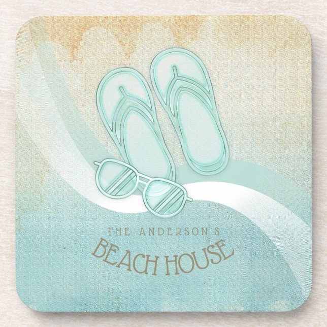 Beach House Sunglasses and Flip Flops Aqua ID623 Coaster (Front)