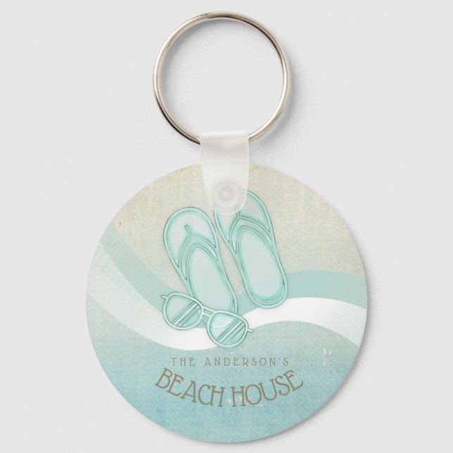 Beach House Sunglasses and Flip Flops Aqua ID623 Key Ring (Front)