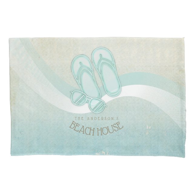 Beach House Sunglasses and Flip Flops Aqua ID623 Pillowcase (Front)