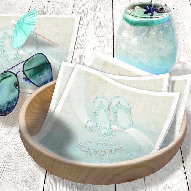 Beach House Sunglasses Flip Flops Aqua Blue ID623 Napkin (Creator Uploaded)