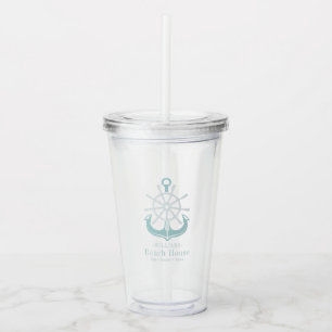 Beach House Teal Family Name Anchor Acrylic Tumbler