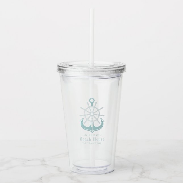 Beach House Teal Family Name Anchor Acrylic Tumbler (Front)
