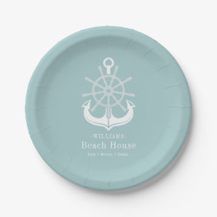 Beach House Teal Family Name Anchor Paper Plate