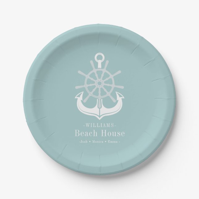 Beach House Teal Family Name Anchor Paper Plate (Front)