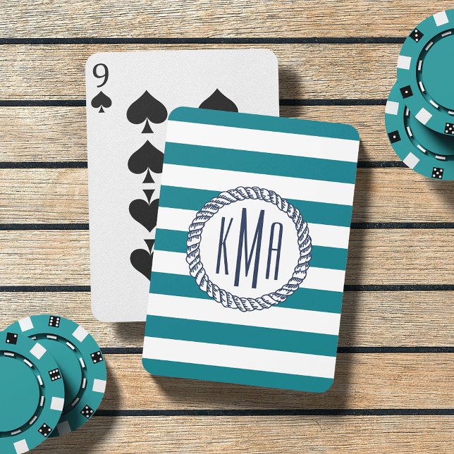 Beach House Teal Stripe & Nautical Navy Monogram Playing Cards (Creator Uploaded)
