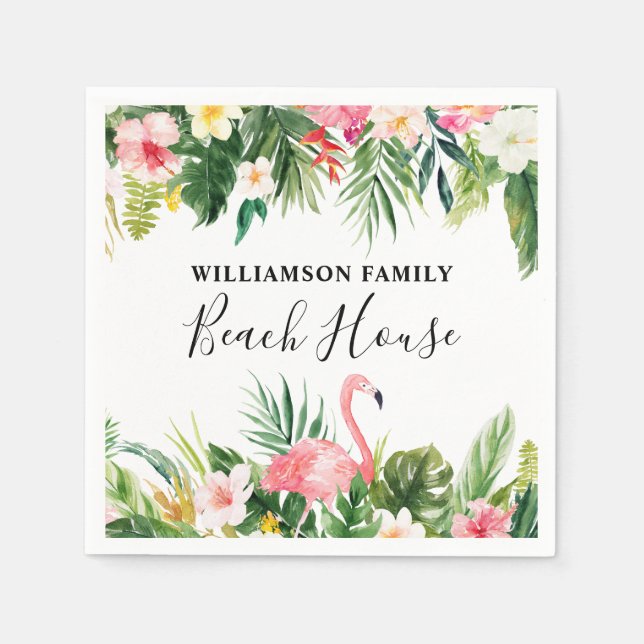 Beach House Tropical Watercolor Floral Cocktail Napkin (Front)