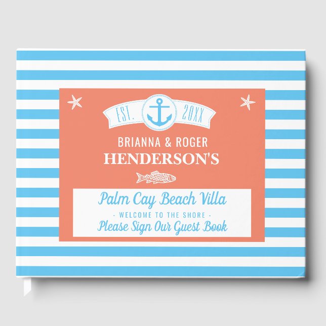Beach House Vacation Rental Nautical Blue Stripes Guest Book (Front)
