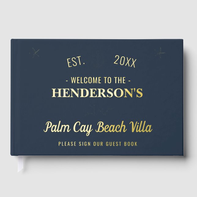 Beach House Vacation Rental Nautical Custom Gold Guest Book (Front)