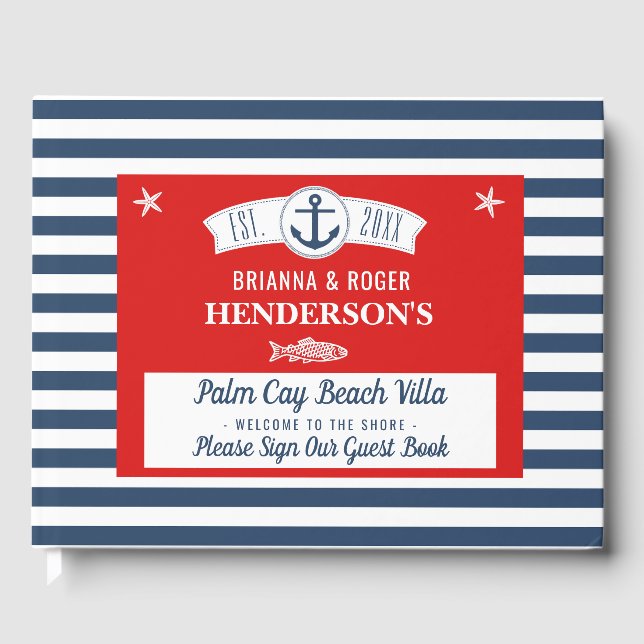 Beach House Vacation Rental Nautical Navy Stripes Guest Book (Front)