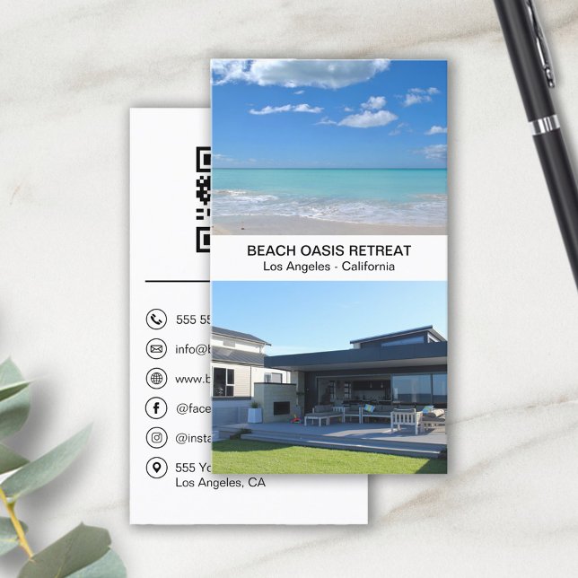 Beach House Vacation Rental QR Social Media Icons Business Card (Creator Uploaded)