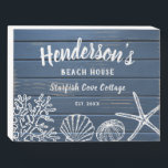 Beach House Vintage Seashells Custom Text  Wooden Box Sign<br><div class="desc">A super cute beach house wooden box sign featuring vintage sea shells,  coral,  starfish and sea urchin set against a nautical blue faux wood background.  Add 4 lines of custom text to personalise.  Perfect for a beach house,  ocean side vacation rental,  beach wedding,  housewarming gift and more.</div>