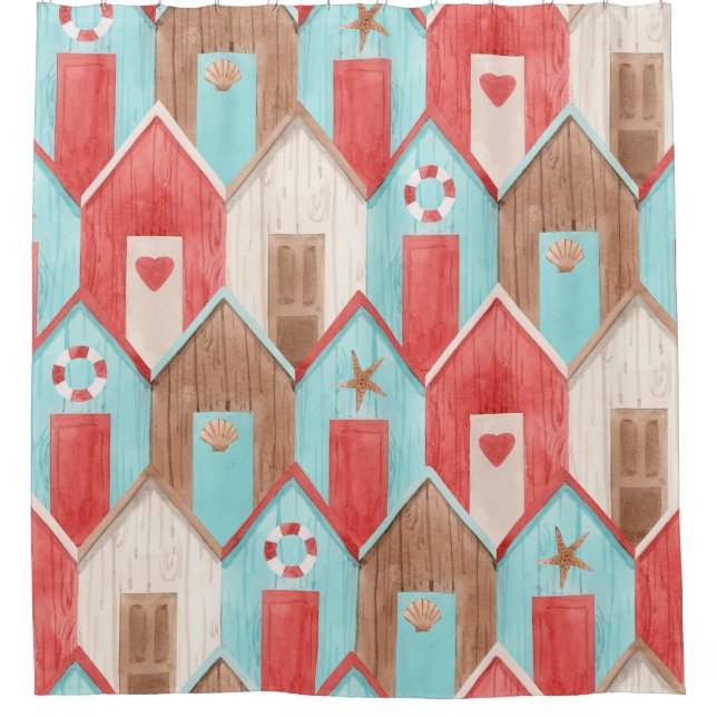 Beach house watercolor: retro pattern. shower curtain (Front)