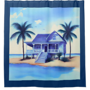Beach House with Palm Trees Shower Curtain
