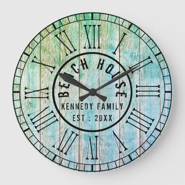 Beach House Wood Planks Black Roman Numeral Large Clock (Front)