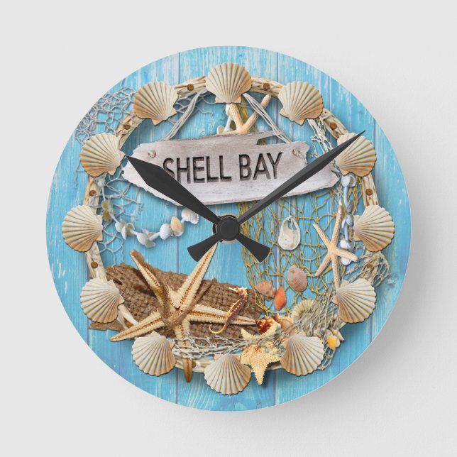 Beach Hut/Beach House Clock, Shell Bay Round Clock (Front)