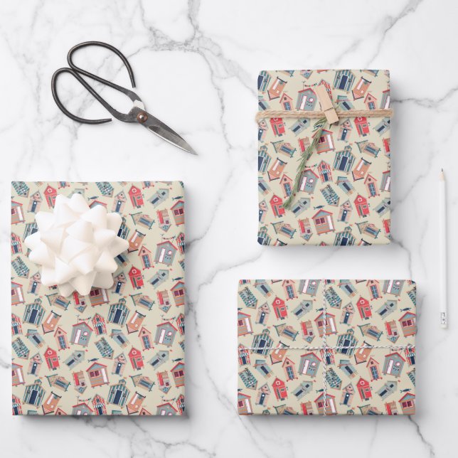 Beach Hut Pattern Wrapping Paper Sheet (Front)